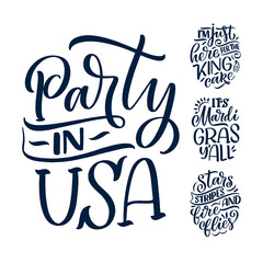 Set with funny hand drawn lettering quotes about Mardi Gras. Cool phrases for print and poster design. Inspirational slogans. Vector