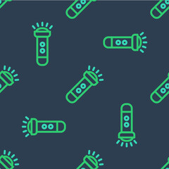 Line Flashlight icon isolated seamless pattern on blue background. Vector