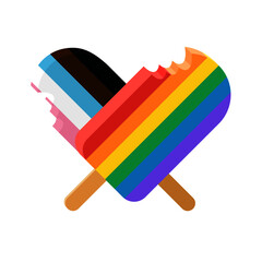 Dwa lody na patyku tworzące serce. Lody w kolorach tęczowej flagi - symbolu LGBTQ+. Gay Pride. Inkluzywna ilustracja do wykorzystania jako wzór naklejek, tło, tapeta lub do social media story. - obrazy, fototapety, plakaty