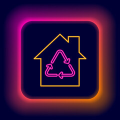 Glowing neon line Eco House with recycling symbol icon isolated on black background. Ecology home with recycle arrows. Colorful outline concept. Vector