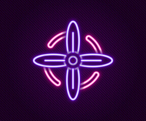Glowing neon line Wind turbine icon isolated on black background. Wind generator sign. Windmill for electric power production. Colorful outline concept. Vector
