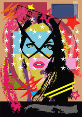 Girl with mask on the face. Pop art background, silhouette of a women and stars, vector.