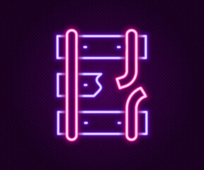 Glowing neon line Broken or cracked rails on a railway icon isolated on black background. Colorful outline concept. Vector