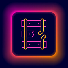 Glowing neon line Broken or cracked rails on a railway icon isolated on black background. Colorful outline concept. Vector