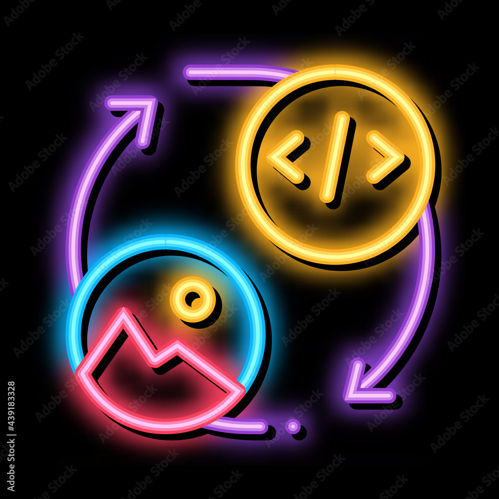 Poster picture programming code neon light sign vector. glowing bright icon picture programming code sign. 