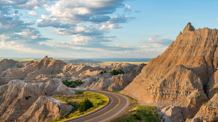 Early morning scenic drive in the Badlands National Park