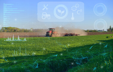 remote automated control of a tractor in agriculture. AI technologies to analyze data and increase productivity and yield