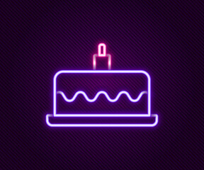 Glowing neon line Cake with burning candles icon isolated on black background. Happy Birthday. Colorful outline concept. Vector