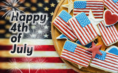 Obraz premium Happy 4th of July, Independence Day with cookies glazed as us flag - patriotic card 