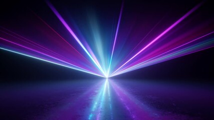 looping 3d animation of an abstract background with neon light rays spinning around on the empty stage. Bright disco projector rotating in the dark room