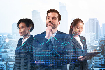Group of business colleagues in suits as a part of multinational corporate team working on forecasting trading corporate strategy at fund. Forex chart. Bangkok on background. Double exposure