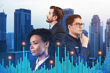 Group of business colleagues in suits as a part of multinational corporate team working on forecasting trading corporate strategy at fund. Forex chart. Bangkok on background. Double exposure