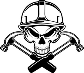 skull with safety helmet and crossed hammers