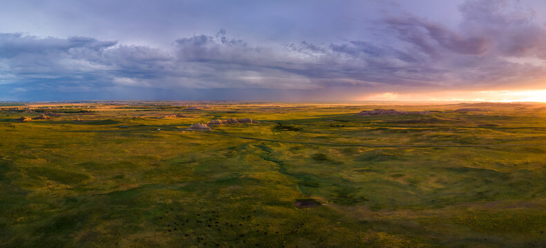 Dramatic sunset over the prairie Badlands National Park - South Dakota