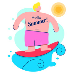 Surf logo or emblem design. Surfer rides on a wave and lettering Surf with me. Isolated on white background. Only free font