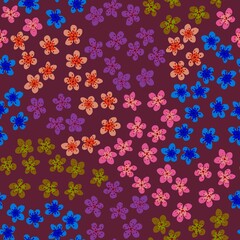 Seamless pattern with blossoming Japanese cherry sakura for fabric, packaging, wallpaper, textile decor, design, invitations, print, gift wrap, manufacturing. Colored flowers on maroon background.