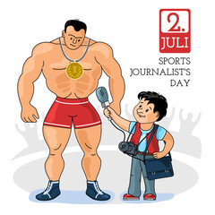 Sports Journalist's Day. A journalist interviews a champion athlete. Congratulations on the holiday. Funny vector illustration in the cartoon style.