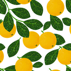 Seamless pattern with oranges on a white background. Summer fruits for a healthy lifestyle. Organic exotic fruit fruit. Print for fabrics, wallpapers, decorative pillows. Vector.