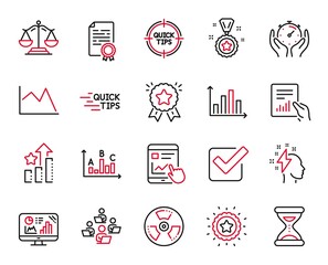 Vector Set of Education icons related to Teamwork, Tips and Checkbox icons. Line chart, Ranking stars and Time signs. Chemical hazard, Diagram graph and Analytics graph. Survey results. Vector