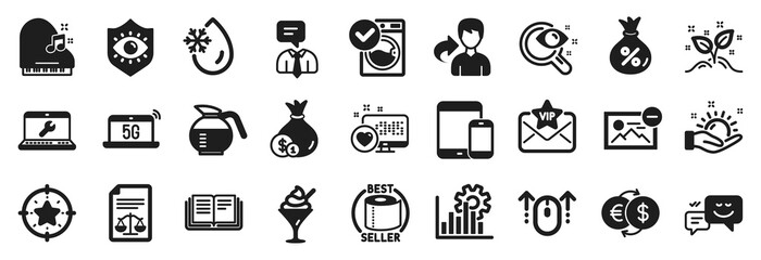 Set of Business icons, such as Support service, Coffeepot, Freezing water icons. Happy emotion, Cash, 5g notebook signs. Loan, Remove image, Mobile devices. Startup concept, Eye protection. Vector
