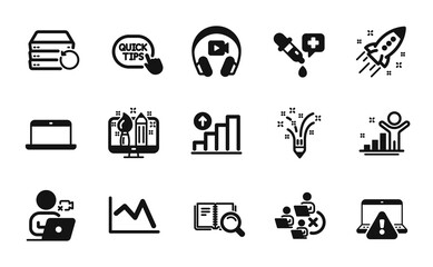 Vector set of Graph chart, Quick tips and Headphones icons simple set. Video conference, Recovery server and Winner icons. Line chart, Inspiration and Startup rocket signs. Vector