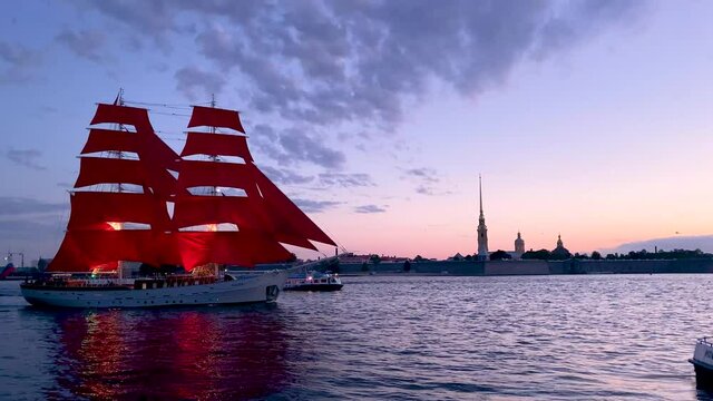 Red Sails rehearsal in St. Petersburg. St. Petersburg, Scarlet sails. Video 4K. 