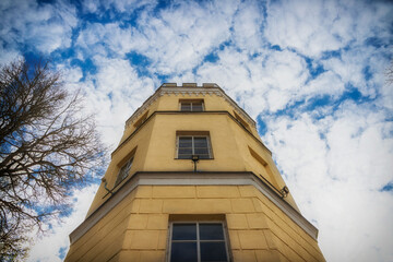 Yellow castle blue sky.