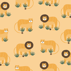 Cute lions with funny eyes and green bush. Savannah animals. Baby seamless pattern.