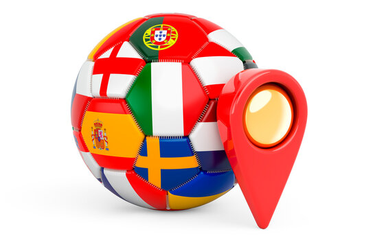 Football ball with flags and map pointer, location concept. 3D rendering