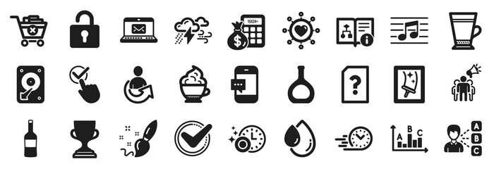 Set of simple icons, such as Dishwasher timer, Cappuccino cream, Confirmed icons. Cognac bottle, Opinion, Checkbox signs. Dating network, Brand ambassador, E-mail. Oil drop, Musical note. Vector