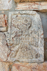 Architectural details of the ancient building on the territory of the Uxmal historical site, Mayan city, representative of the Puuc architectural style, Yucatan, Mexico