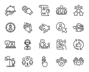 Vector set of Buying process, Report and Leadership line icons set. Video conference, Headhunting and Donation money icons. User, Bitcoin pay and Safe time signs. Buying process web symbol. Vector