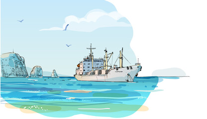Bulk ship against the shore. Colored sketch illustration