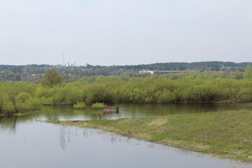 spilling the river in spring on the plain. The river came out of the banks. Natural phenomenon
