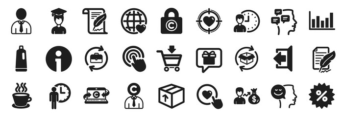 Set of simple icons, such as Like button, Working hours, Student icons. Column chart, Valentine target, Shampoo signs. Info, Copyright locker, Return parcel. Wish list, Discount, Package. Vector