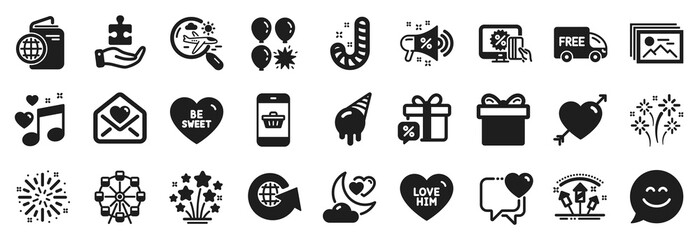 Set of Holidays icons, such as Fireworks explosion, Sale megaphone, Fireworks rocket icons. Smile chat, Puzzle, Ice cream signs. Love night, Gift box, Ferris wheel. Love music, Be sweet. Vector