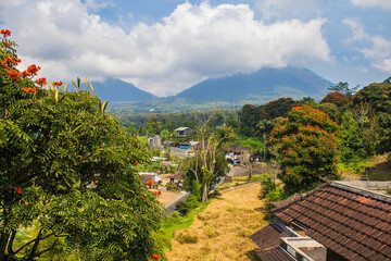 Beautiful view from the terrace of the abandoned hotel on surrounding nature and mountains, Bali island, Indonesia