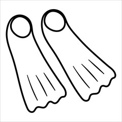 Vector black and white flippers. Outline summer diving or swimming equipment clipart element. Cute line fins illustration for kids or coloring page. Vacation beach object..