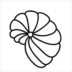 Vector black and white seashell. Outline seashell. Summer outline clipart element. Cute illustration for kids or coloring page. Vacation beach object..