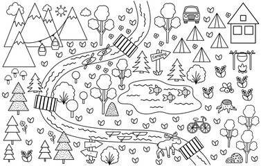 Black and white camping map. Summer camp background. Vector nature clip art, infographic outline elements or coloring page with mountains, forest, river, bike, cable car. Hiking or campfire plan. .