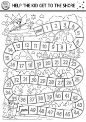 Black and white summer camp dice board game for children with cute rafting kid. Active holidays outline boardgame with boy on boat swimming to the shore. Family road trip activity or coloring page.