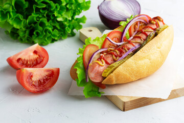 Hot dog and ingredients on a light background