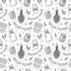 Vintage home pantry, kitchen, vegan food supplies seamless pattern. Preserves, glass jar, canned jam, honey and pickles, old wooden bucket, canvas sack, dried lavender and mushrooms. Vector background