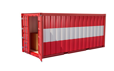 Freight Container with open door in Austria national flag design. Isolated on white. 3D Rendering