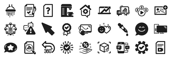 Set of Technology icons, such as Chemistry pipette, Video conference, Work home icons. Shower, Computer mouse, Service signs. Mouse cursor, Smile, Unknown file. Smile chat, Favorite chat. Vector