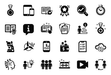 Vector Set of Education icons related to Business idea, Windmill turbine and Artificial intelligence icons. Ranking star, Workflow and Cloud sync signs. Winner reward, Interview and Group. Vector