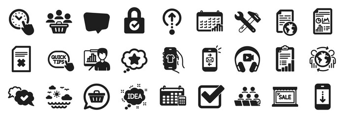 Set of Business icons, such as Sale, Loyalty star, Time management icons. Chat message, Spanner tool, Checkbox signs. Approved, Calendar, Global business. Idea, Shop app, Scroll down. Mail. Vector