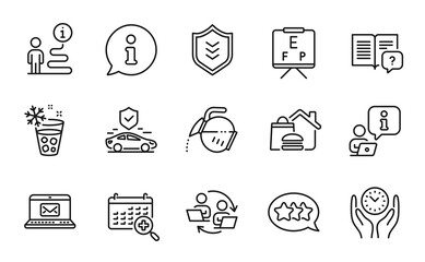 Business icons set. Included icon as Stars, Ice maker, Medical calendar signs. Coffee pot, Shield, Teamwork process symbols. Instruction manual, Transport insurance, Food delivery. E-mail. Vector