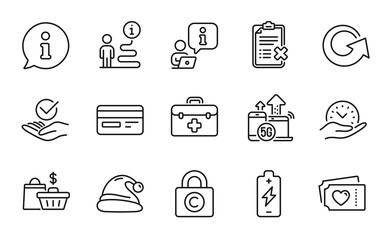Business icons set. Included icon as Love tickets, Santa hat, Copyright locker signs. Sale bags, 5g internet, Approved symbols. Battery charging, First aid, Reject checklist. Safe time. Vector