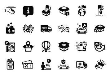 Vector Set of Transportation icons related to Gift, Package location and Car service icons. Hold box, Passport and Delivery location signs. Air balloon, 24 hours and Free delivery. Flag. Vector